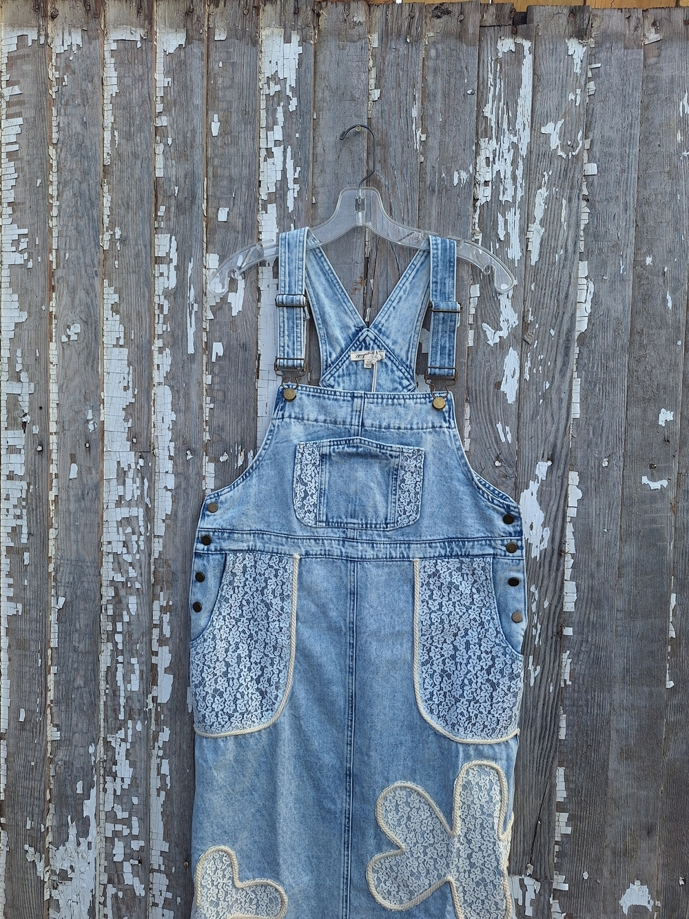 easel Light Blue Denim Lace-Appliqué Overall Dress Size Large - Picture 3 of 8